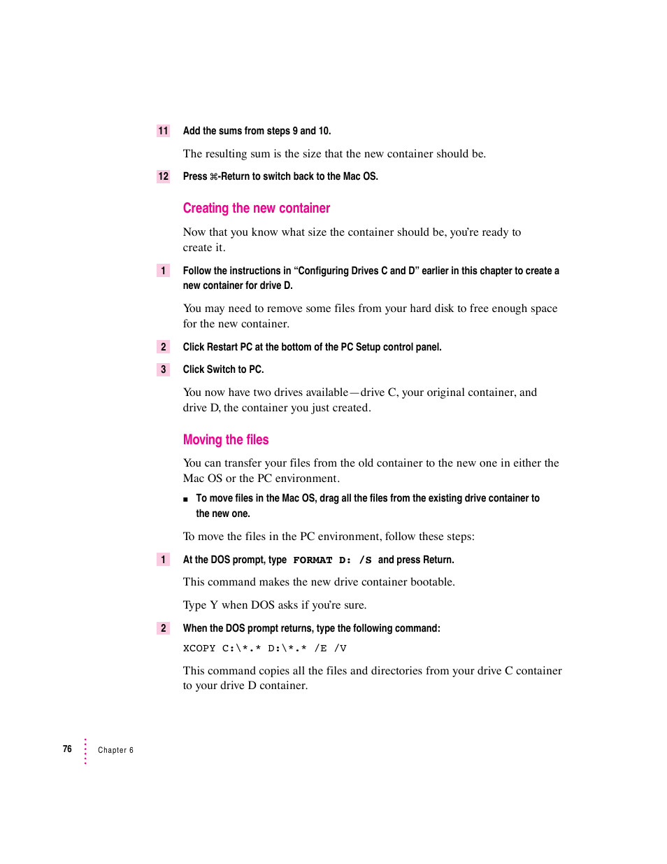 Creating the new container, Moving the files | Apple Mac Performa 640 series User Manual | Page 84 / 196