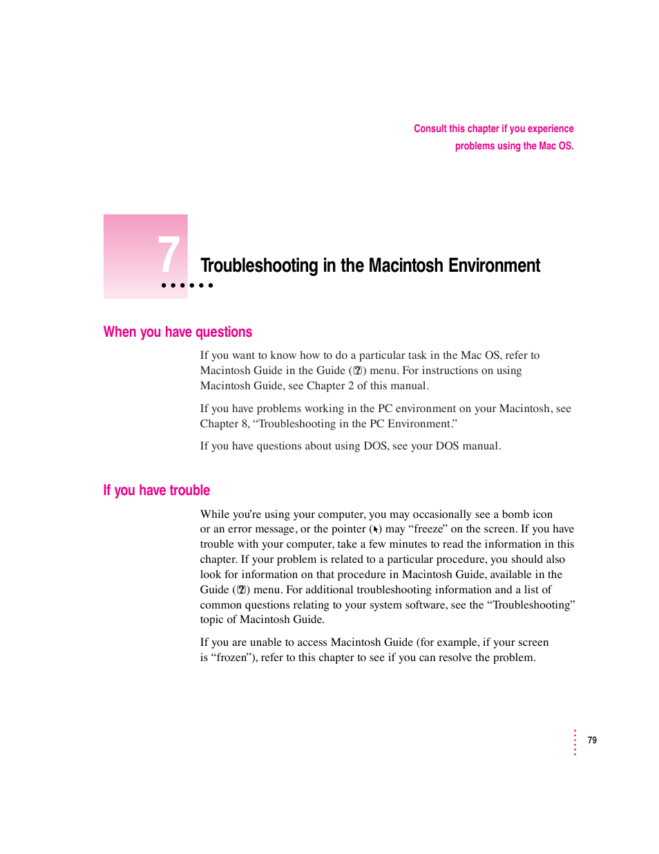 Troubleshooting in the macintosh environment | Apple Mac Performa 640 series User Manual | Page 87 / 196