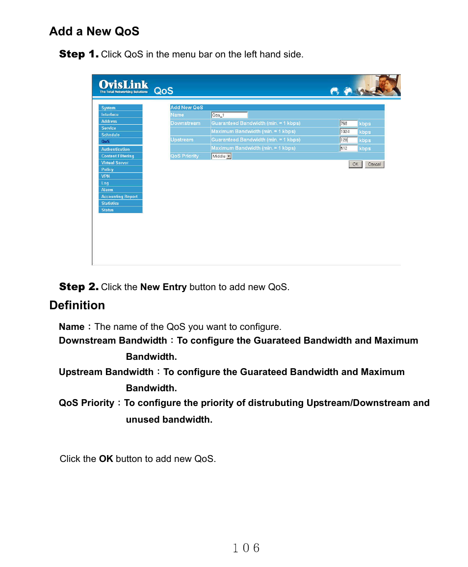 Add a new qos, Definition | AirLive RS-2000 User Manual | Page 107 / 363