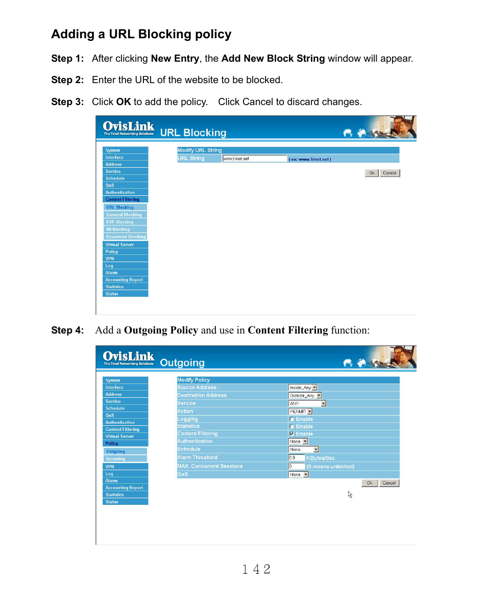 Adding a url blocking policy | AirLive RS-2000 User Manual | Page 143 / 363