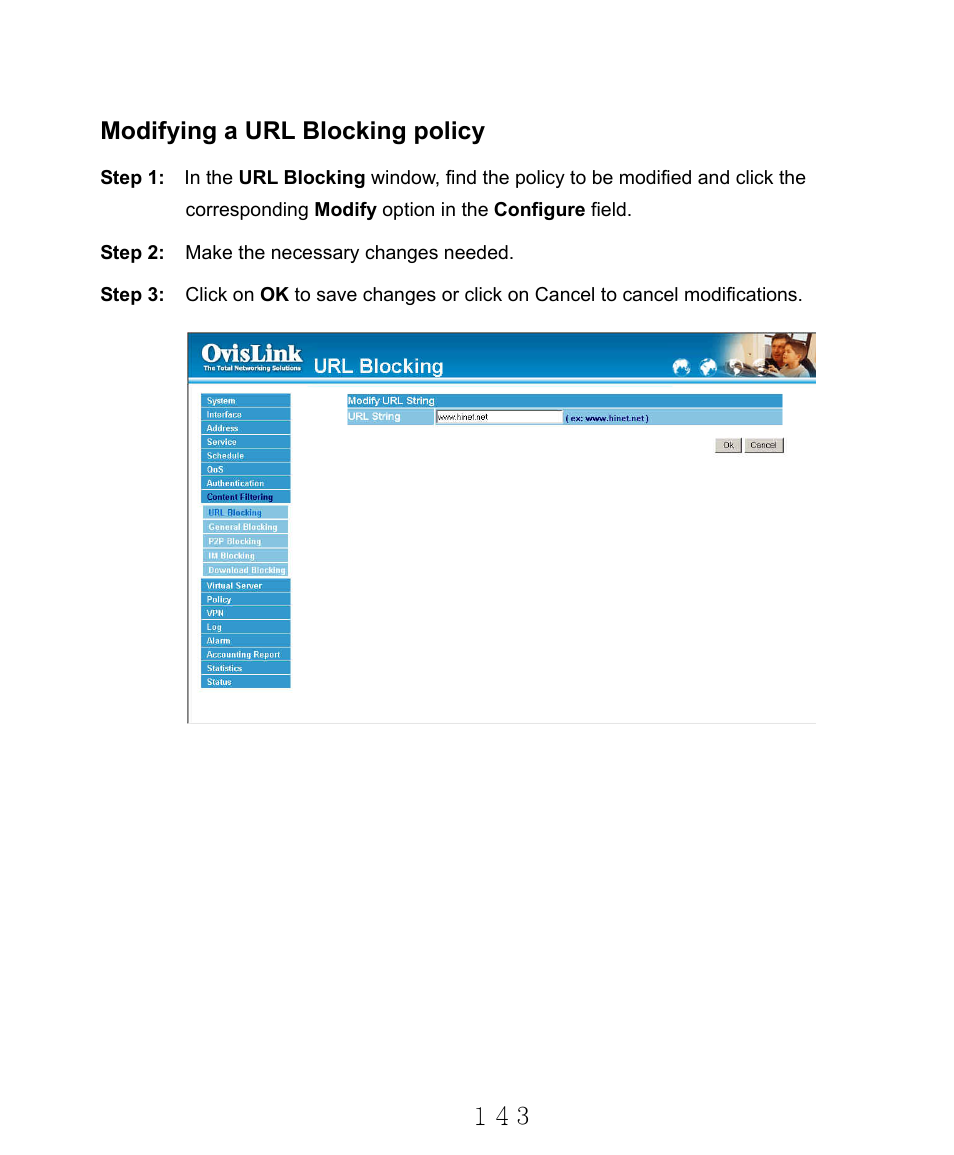 Modifying a url blocking policy | AirLive RS-2000 User Manual | Page 144 / 363