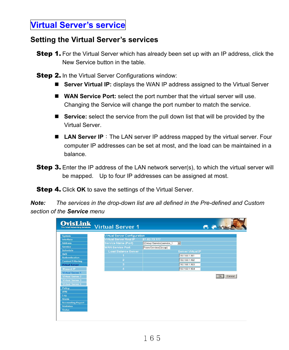 Virtual server’s service, Setting the virtual server’s services | AirLive RS-2000 User Manual | Page 166 / 363