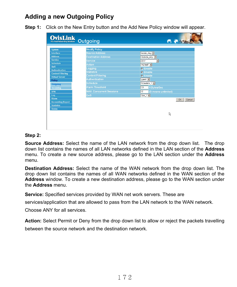 Adding a new outgoing policy | AirLive RS-2000 User Manual | Page 173 / 363