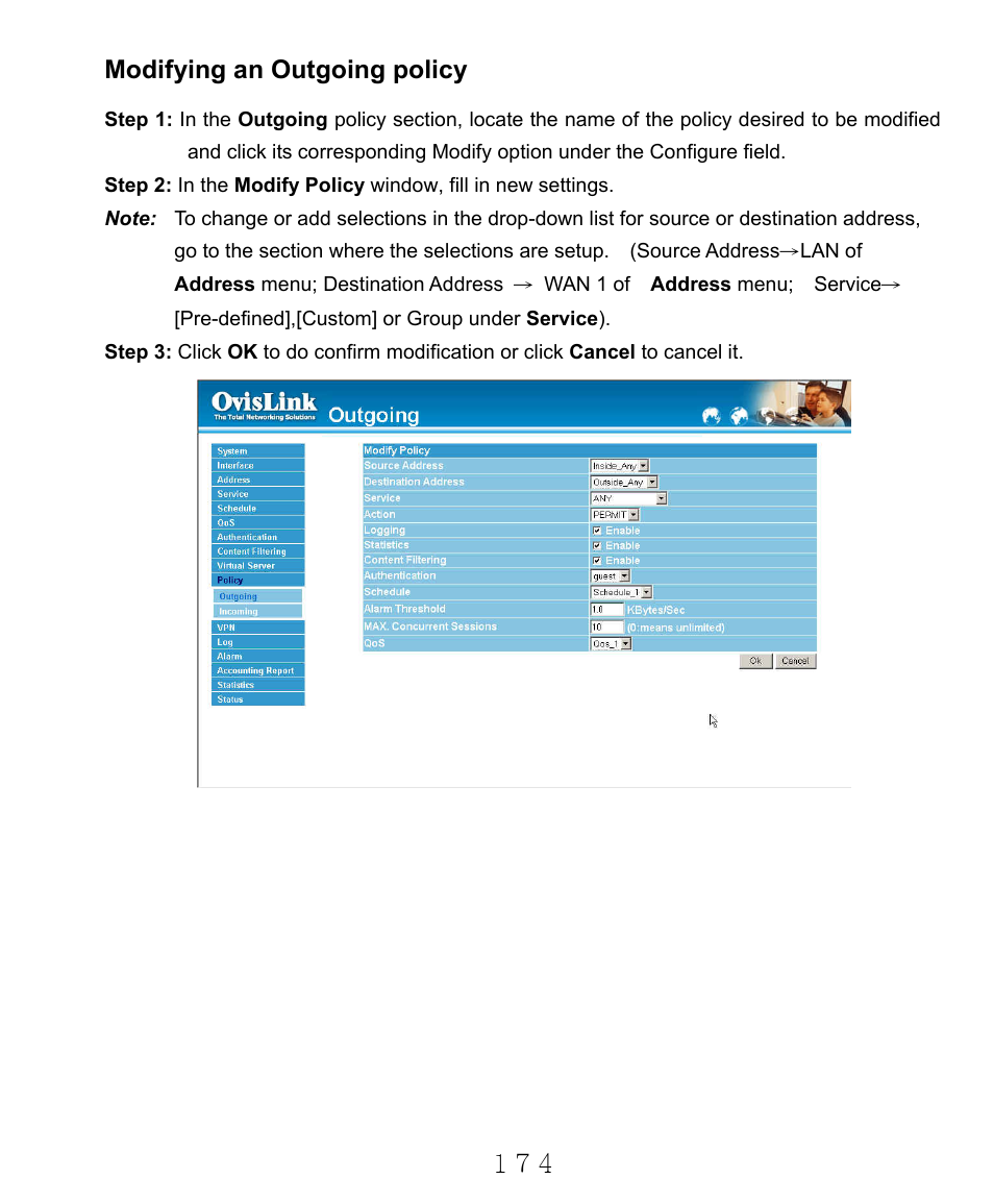 Modifying an outgoing policy | AirLive RS-2000 User Manual | Page 175 / 363