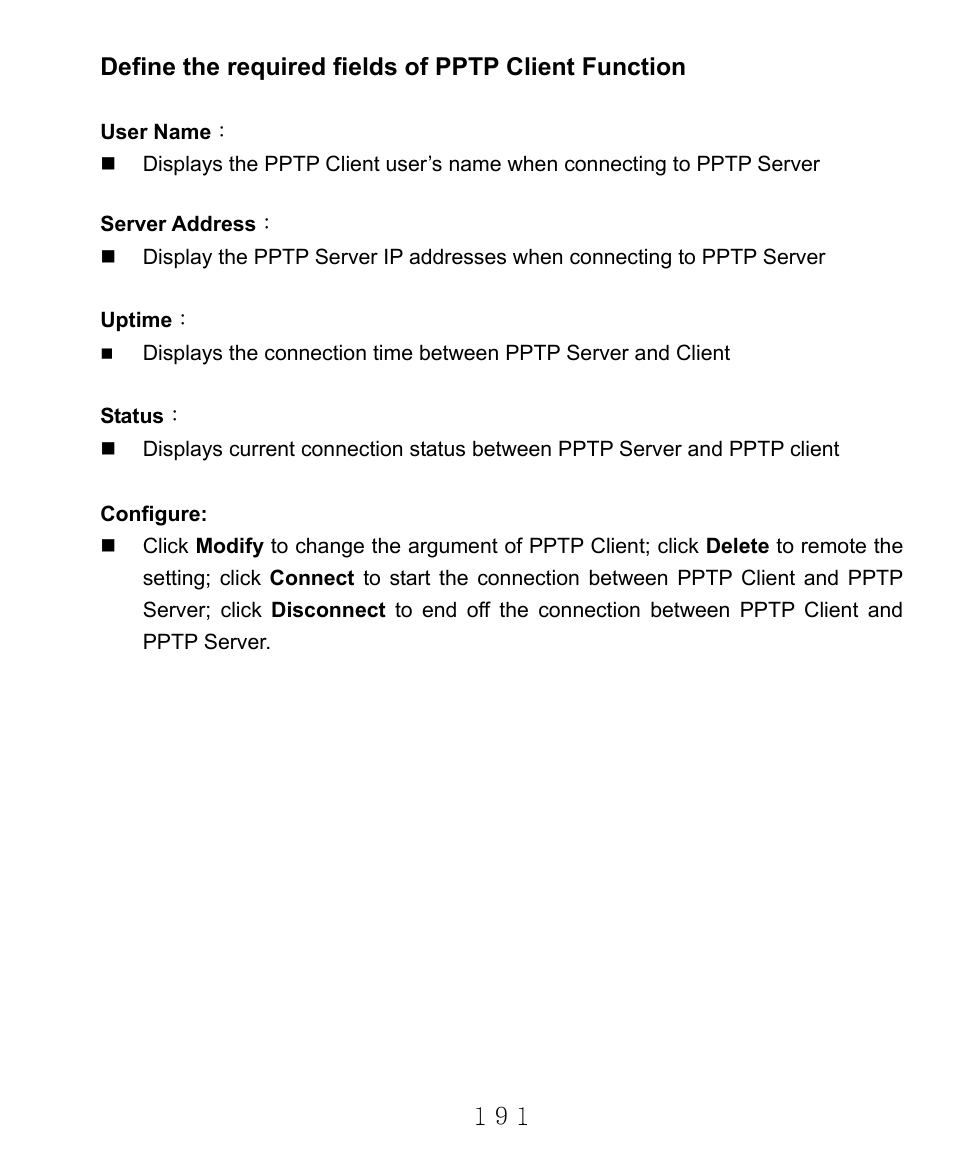 Define the required fields of pptp client function | AirLive RS-2000 User Manual | Page 192 / 363