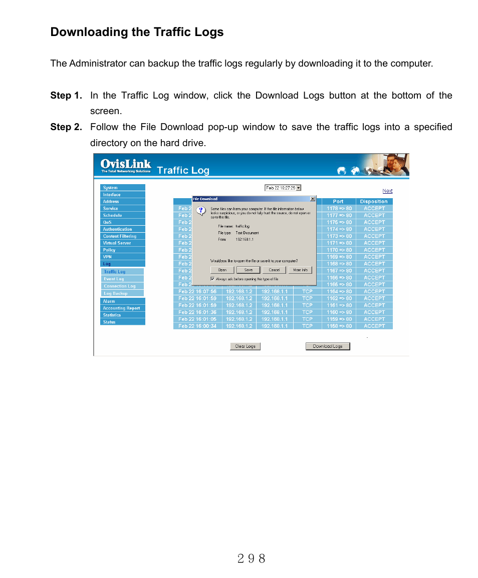 Downloading the traffic logs | AirLive RS-2000 User Manual | Page 299 / 363