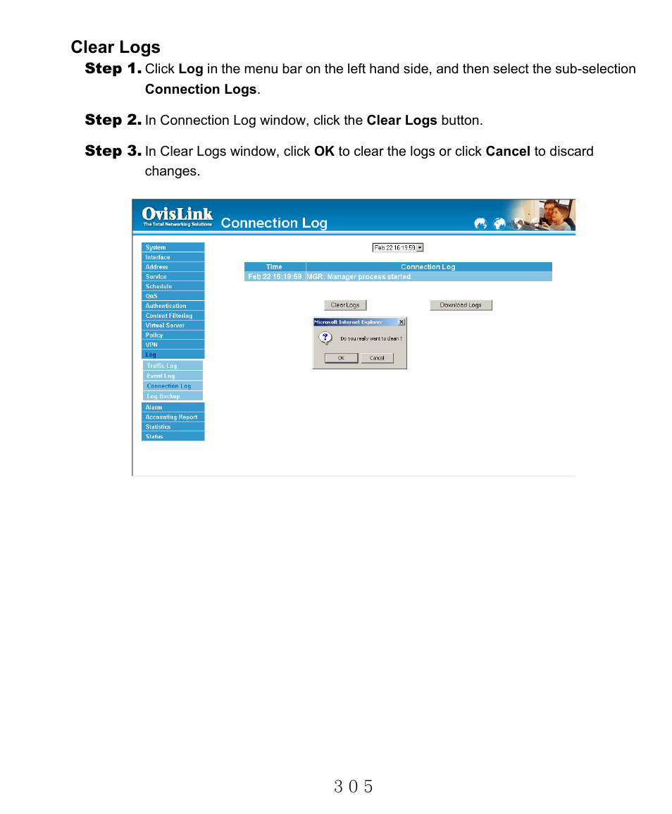 Clear logs | AirLive RS-2000 User Manual | Page 306 / 363