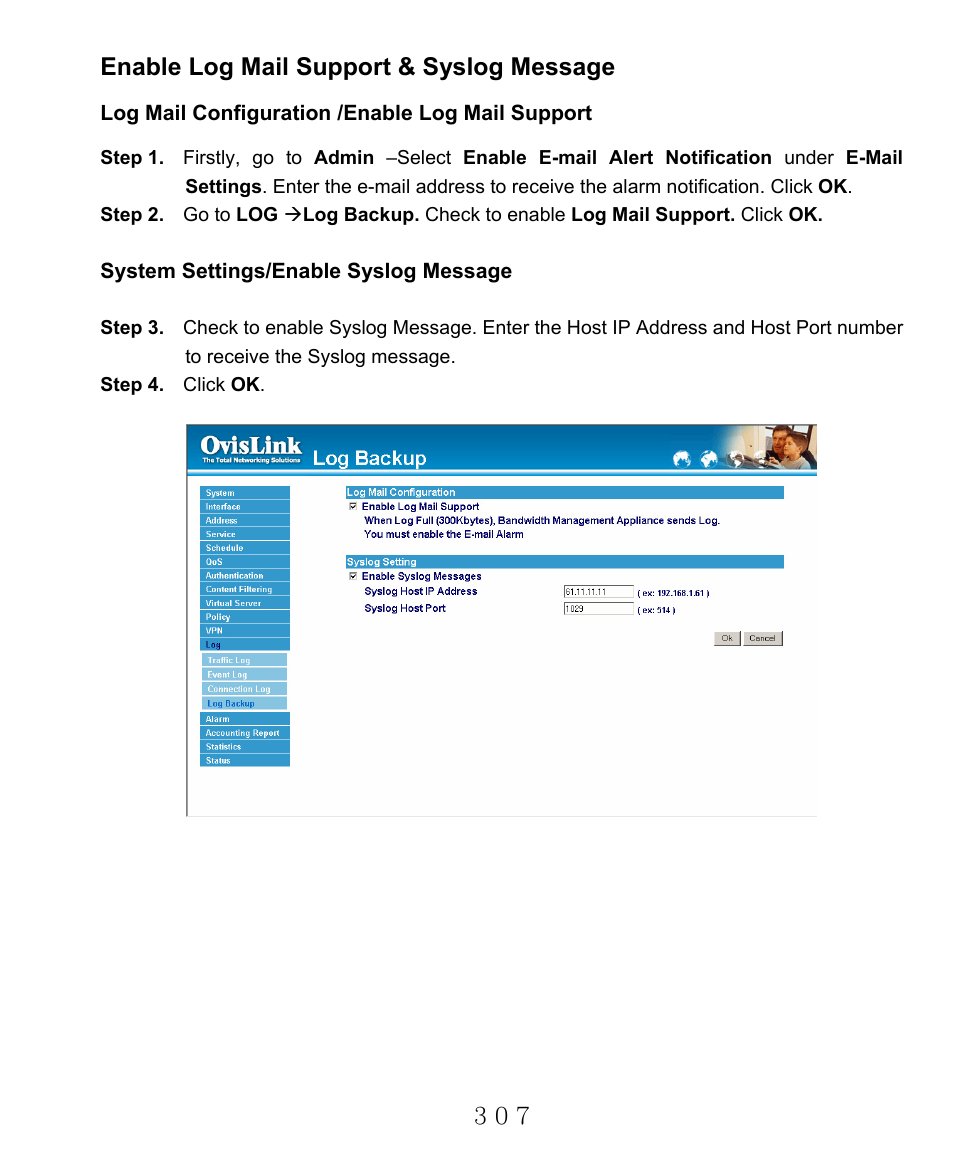 Enable log mail support & syslog message | AirLive RS-2000 User Manual | Page 308 / 363