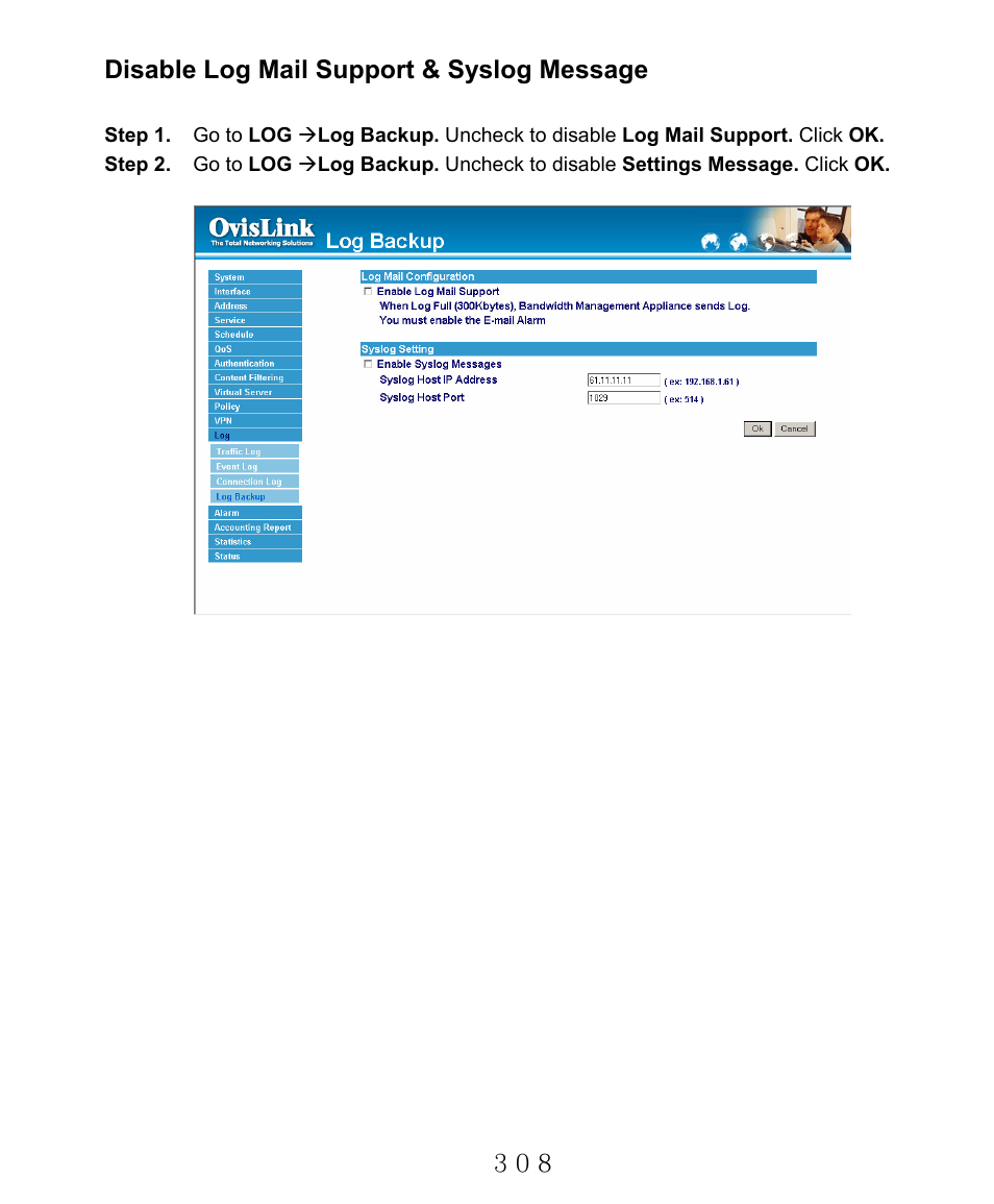 Disable log mail support & syslog message | AirLive RS-2000 User Manual | Page 309 / 363