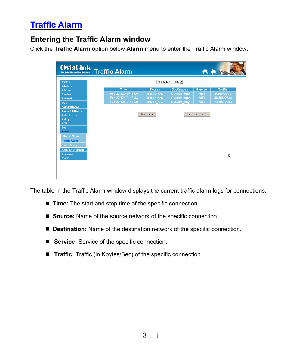 Traffic alarm, Entering the traffic alarm window | AirLive RS-2000 User Manual | Page 312 / 363