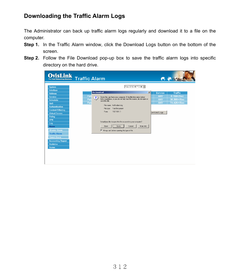 Downloading the traffic alarm logs | AirLive RS-2000 User Manual | Page 313 / 363