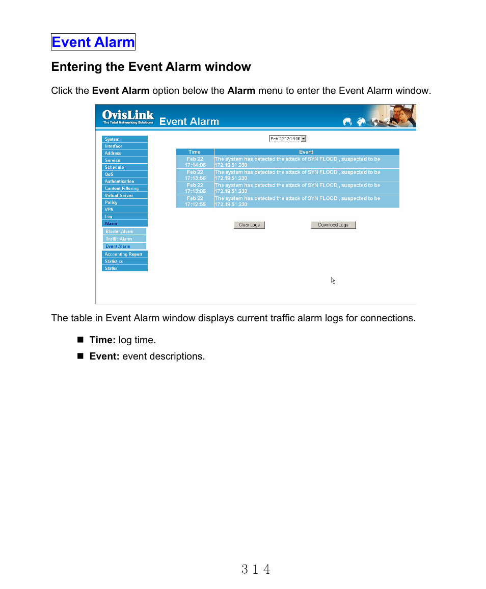 Event alarm, Entering the event alarm window | AirLive RS-2000 User Manual | Page 315 / 363