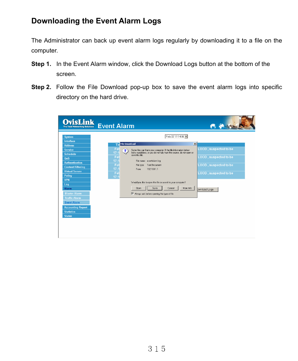 Downloading the event alarm logs | AirLive RS-2000 User Manual | Page 316 / 363