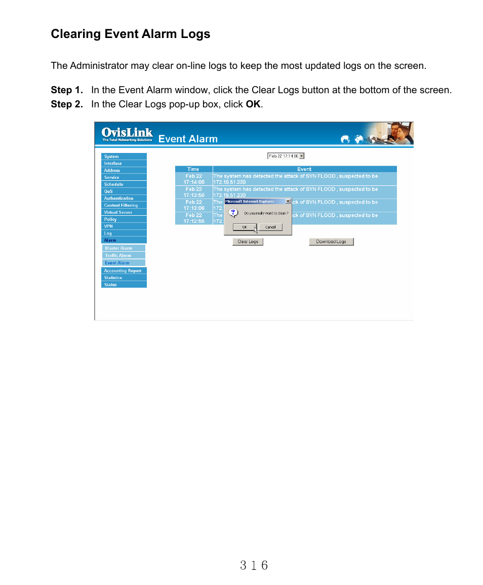 Clearing event alarm logs | AirLive RS-2000 User Manual | Page 317 / 363