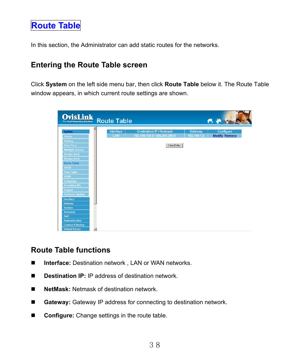 Route table, Entering the route table screen, Route table functions | AirLive RS-2000 User Manual | Page 39 / 363