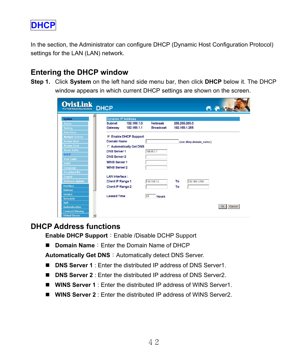 Dhcp, Entering the dhcp window, Dhcp address functions | AirLive RS-2000 User Manual | Page 43 / 363