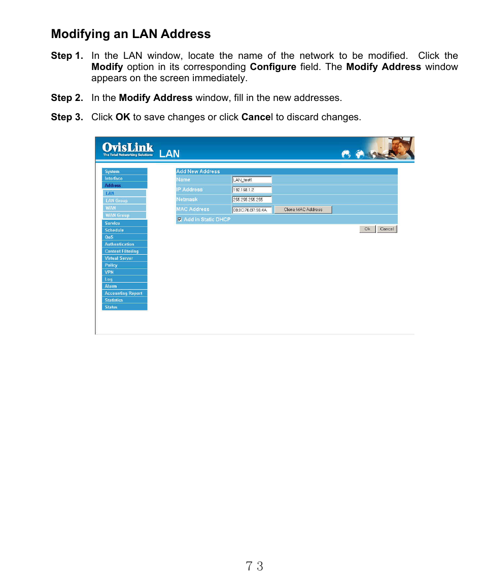 Modifying an lan address | AirLive RS-2000 User Manual | Page 74 / 363