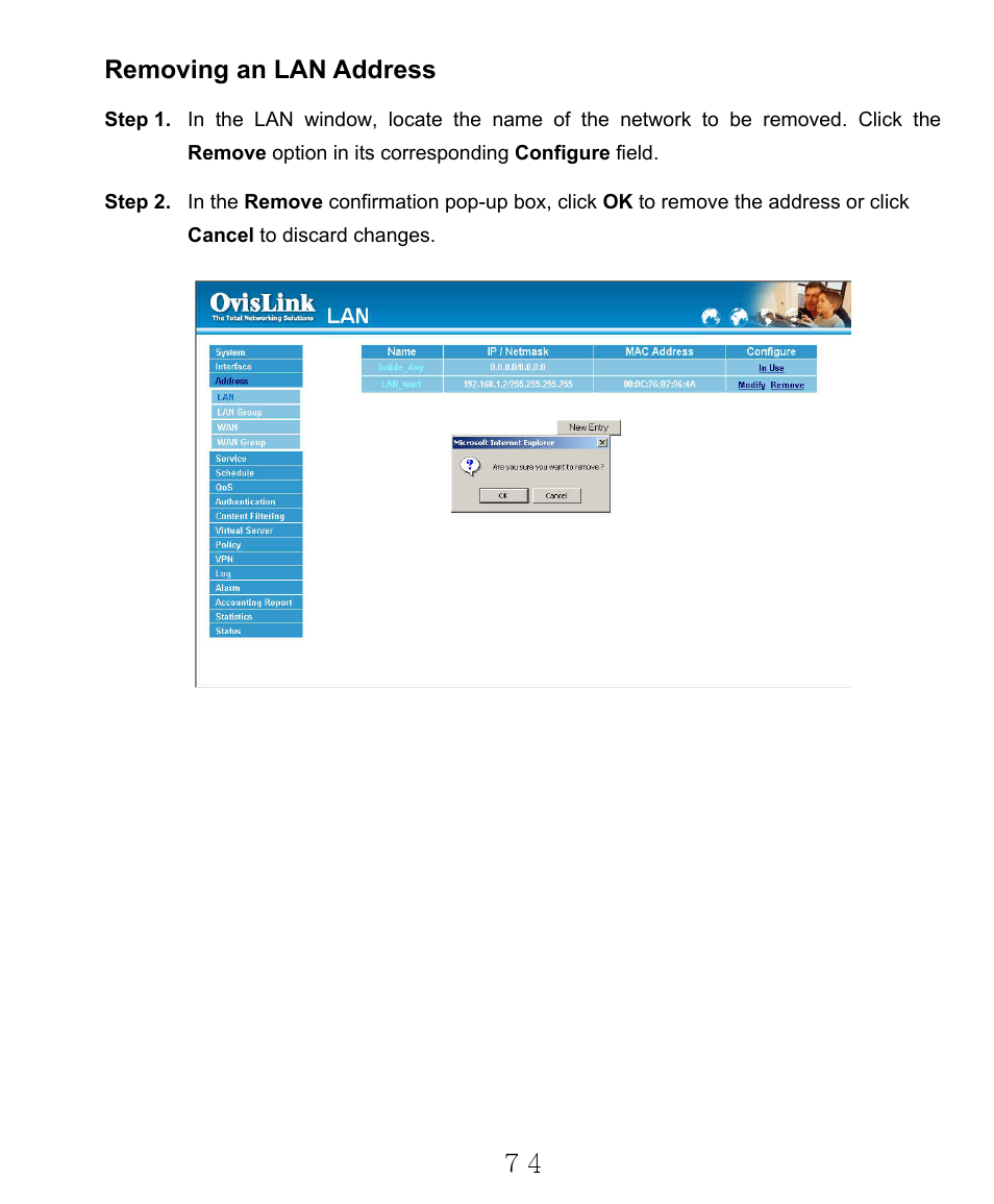 Removing an lan address | AirLive RS-2000 User Manual | Page 75 / 363