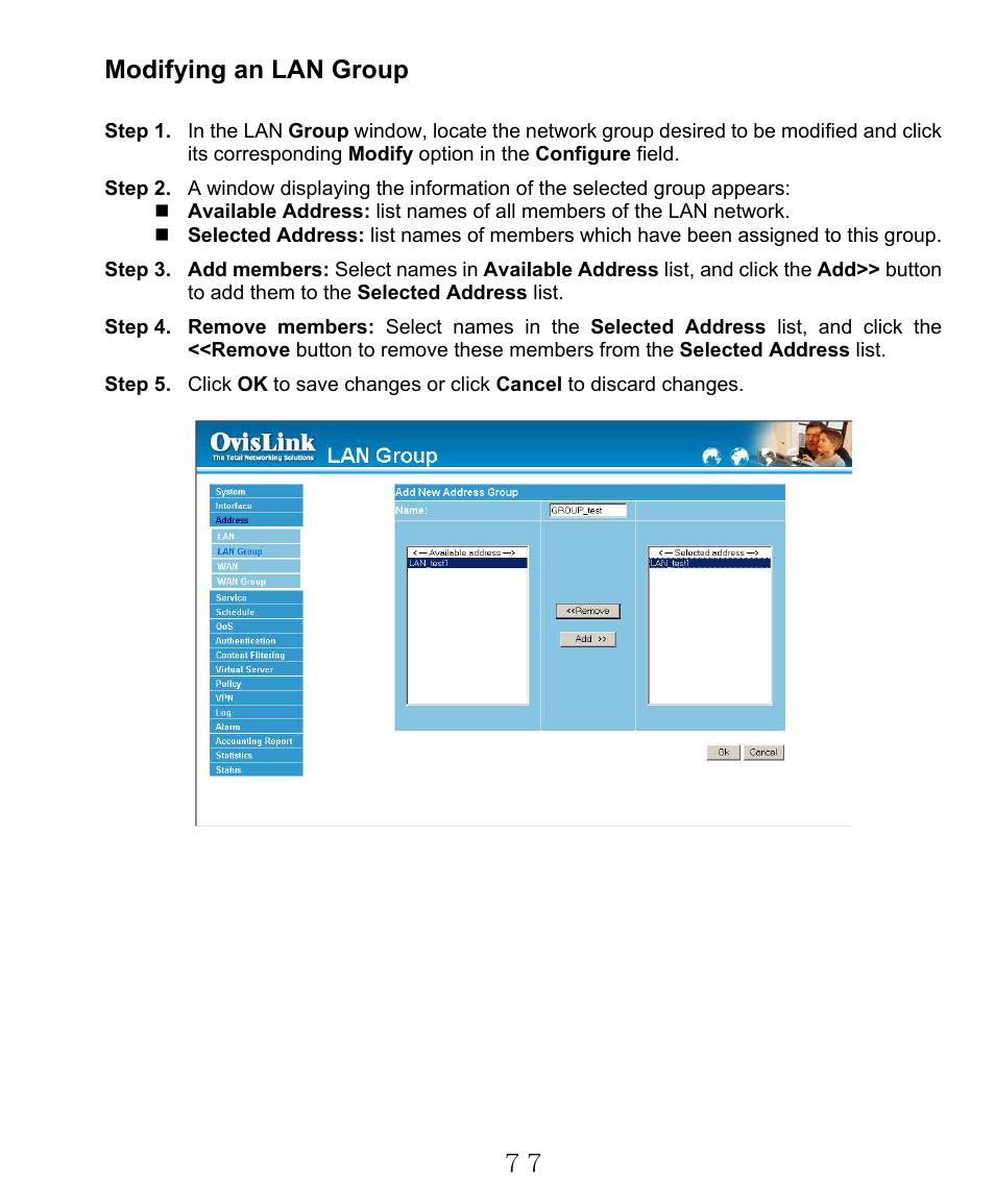 Modifying an lan group | AirLive RS-2000 User Manual | Page 78 / 363