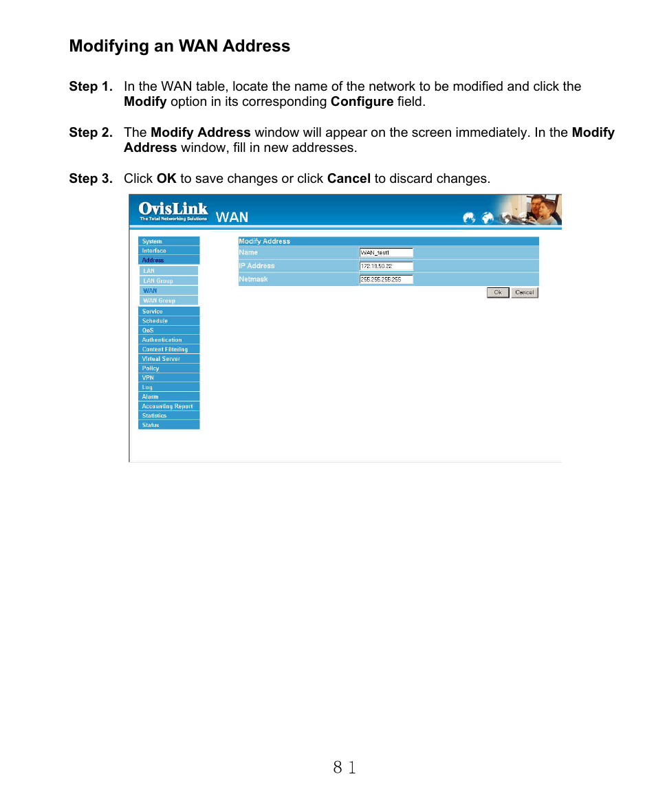 Modifying an wan address | AirLive RS-2000 User Manual | Page 82 / 363