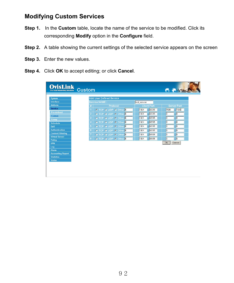 Modifying custom services | AirLive RS-2000 User Manual | Page 93 / 363