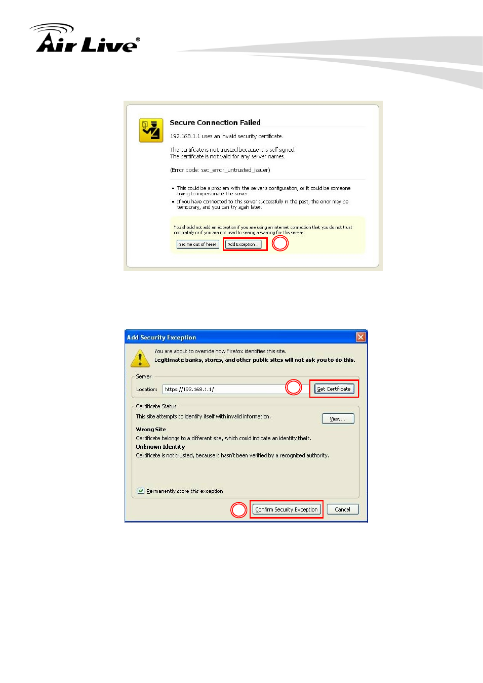 Click on “add exception | AirLive RS-2500 User Manual | Page 19 / 247