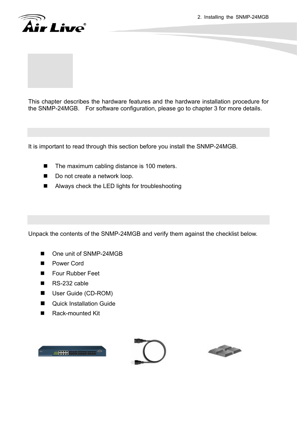 Installing the snmp-24mgb, 2 before you start, 3 package content | AirLive SNMP-24MGB User Manual | Page 12 / 325