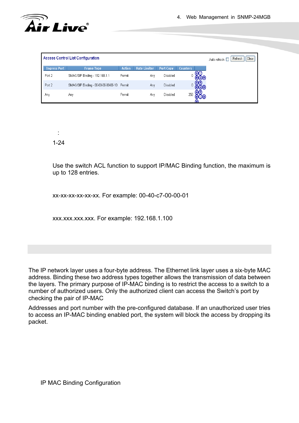 10 ip mac binding, 1 ip mac binding configuration | AirLive SNMP-24MGB User Manual | Page 134 / 325