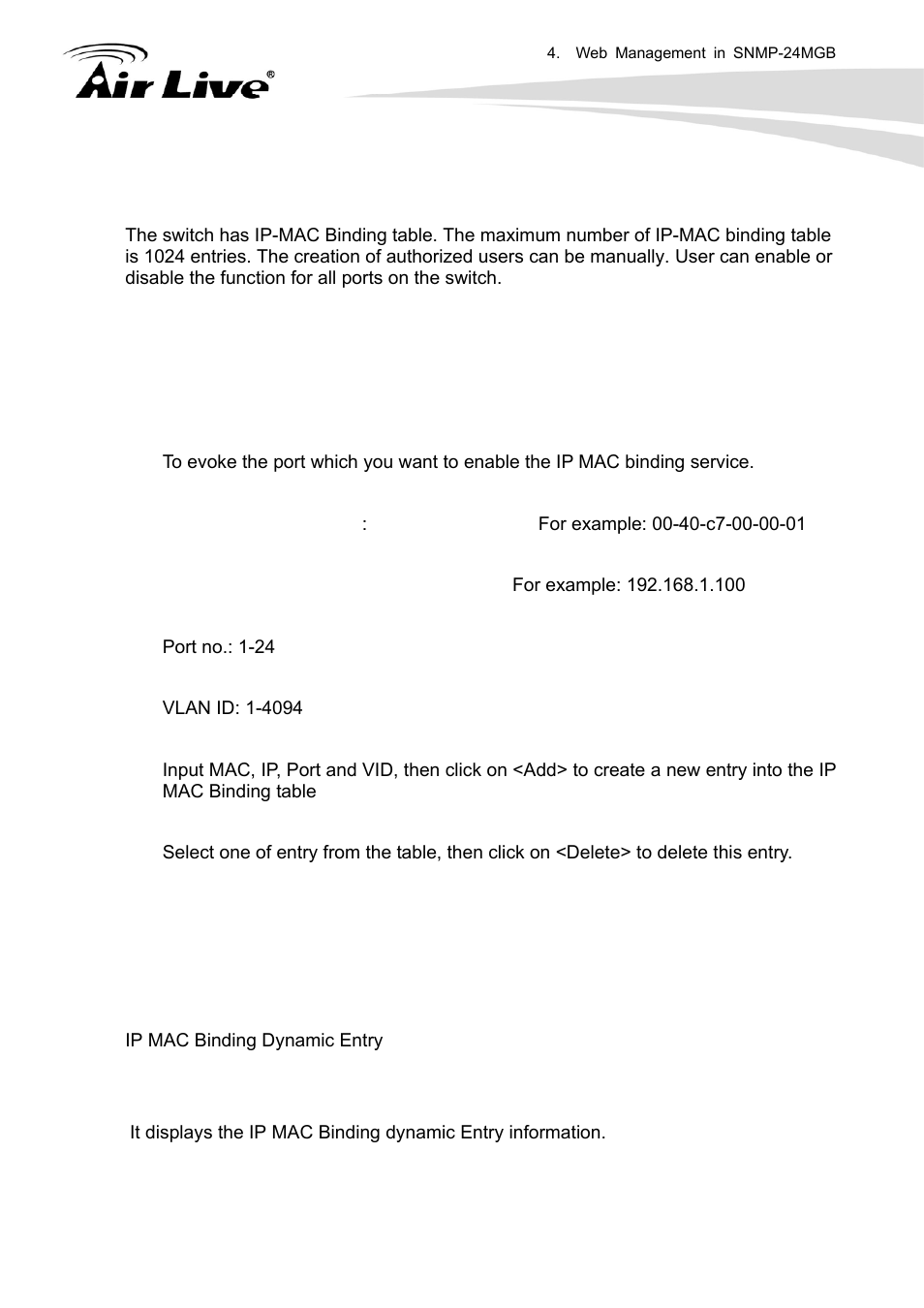 2 ip mac binding dynamic entry | AirLive SNMP-24MGB User Manual | Page 135 / 325