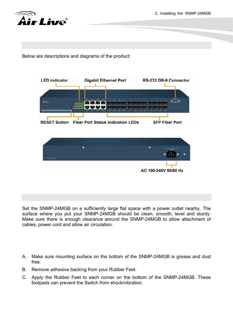 5 knowing your snmp-24mgb, 6 hardware installation, 1 attaching rubber feet | AirLive SNMP-24MGB User Manual | Page 14 / 325