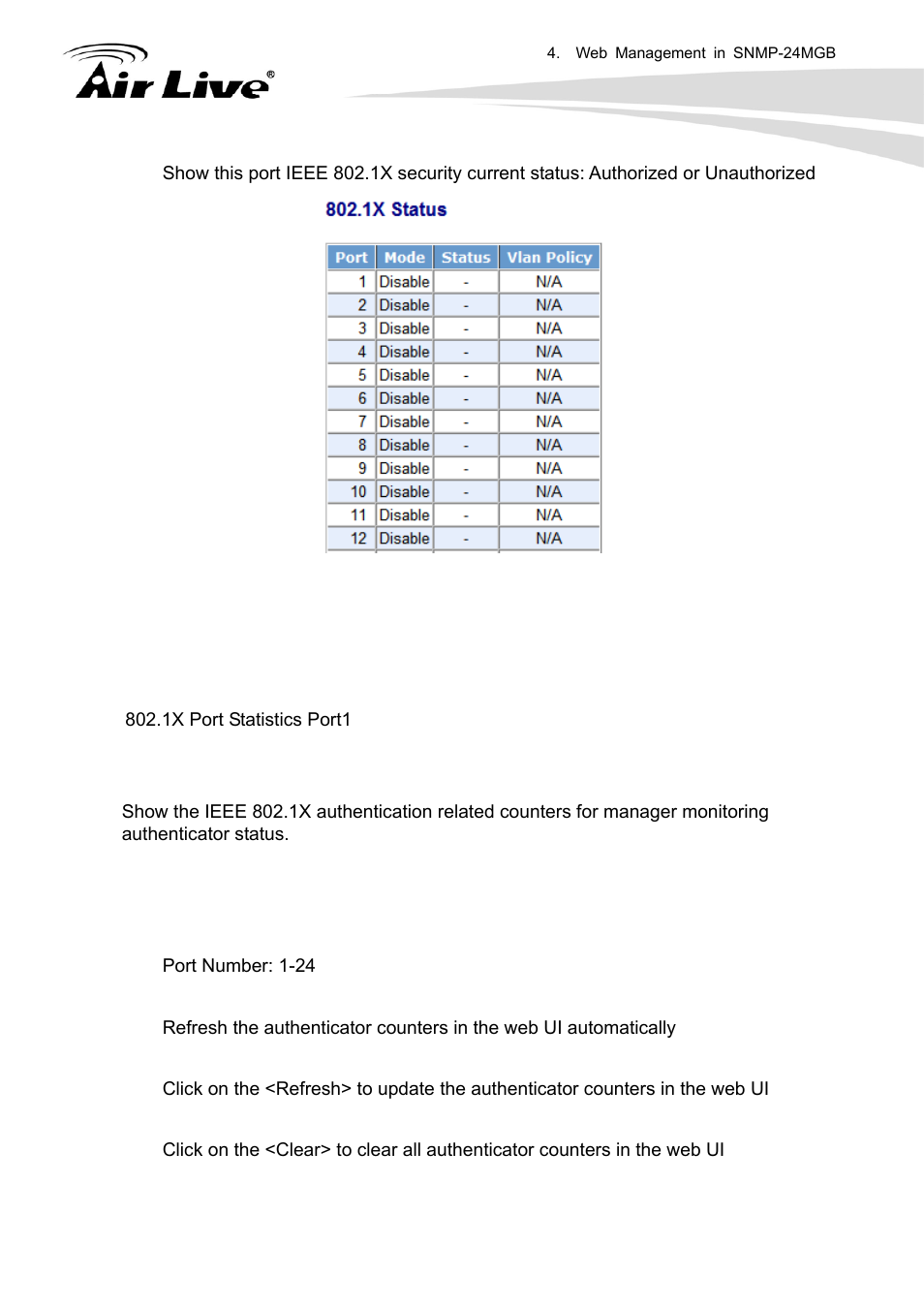 4 802.1x statistics | AirLive SNMP-24MGB User Manual | Page 145 / 325