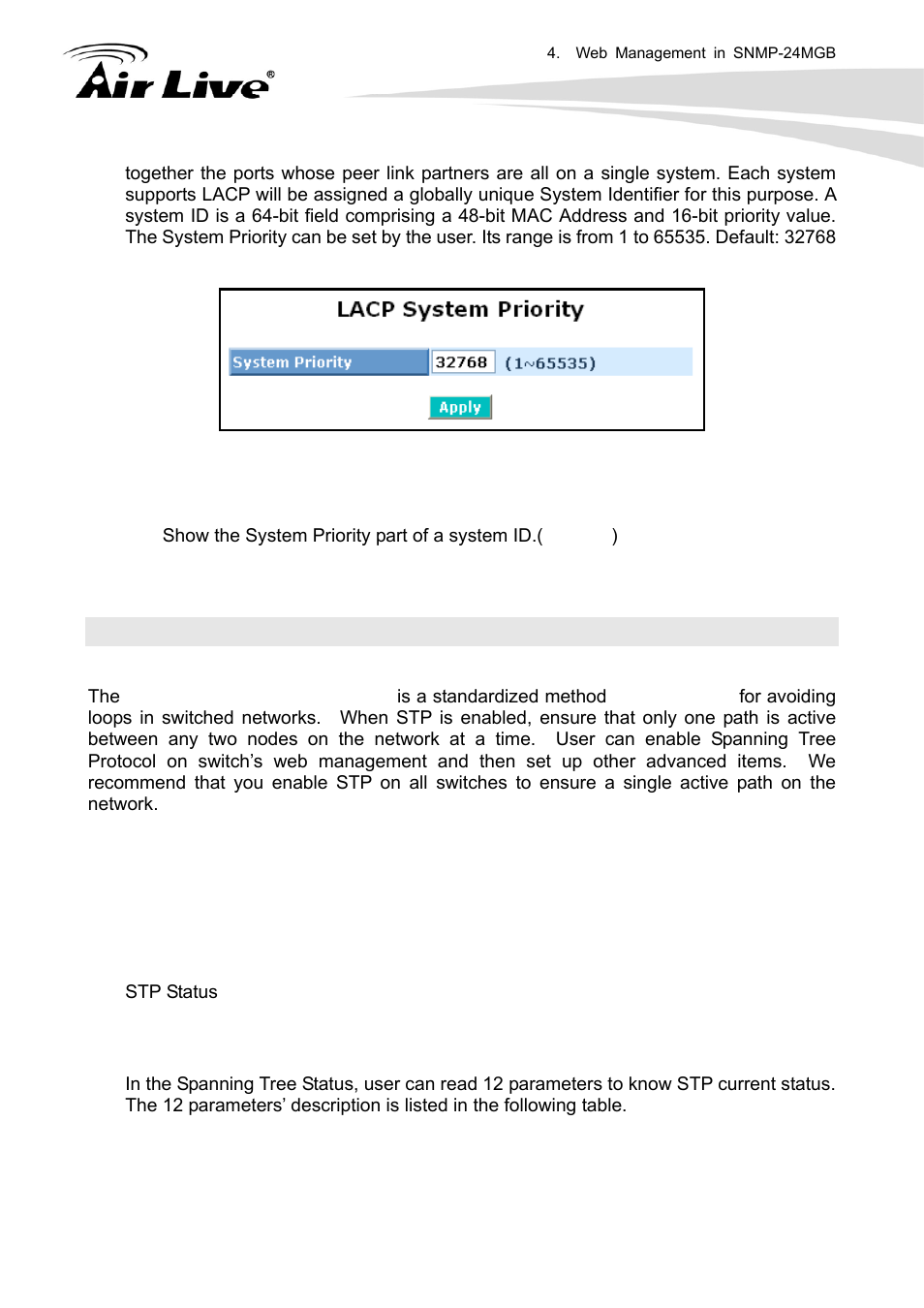 13 stp configuration, 1 stp status | AirLive SNMP-24MGB User Manual | Page 151 / 325