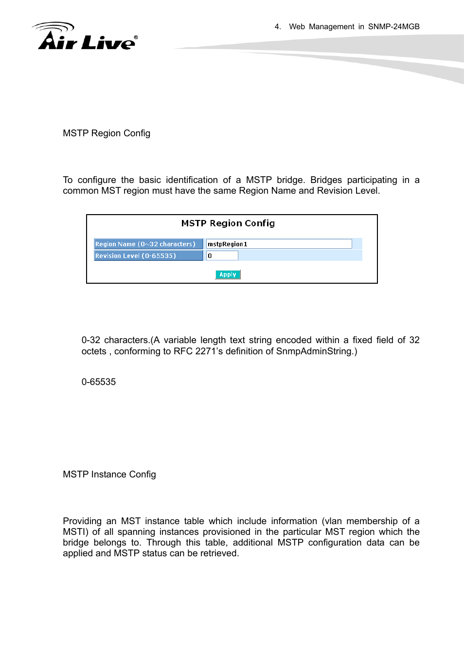 2 mstp region config 4.14.3 instant view, 2 mstp region config, 3 instant view | AirLive SNMP-24MGB User Manual | Page 159 / 325