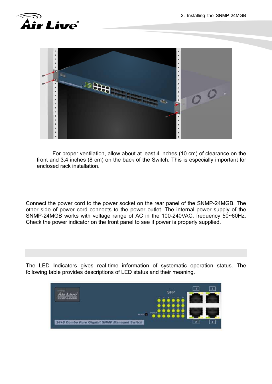 7 led table, 3 power on | AirLive SNMP-24MGB User Manual | Page 16 / 325