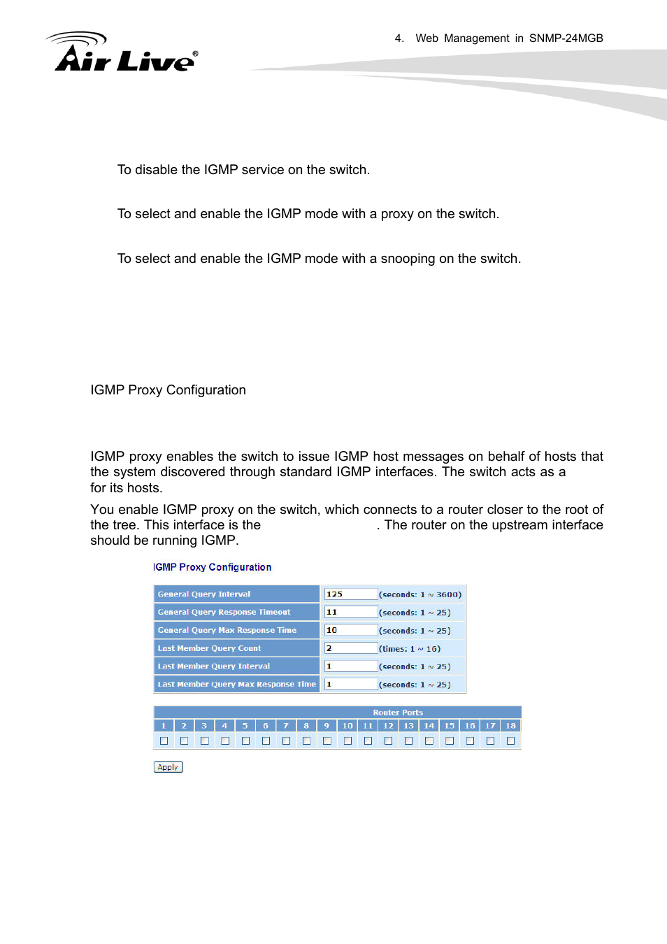 2 igmp proxy | AirLive SNMP-24MGB User Manual | Page 169 / 325