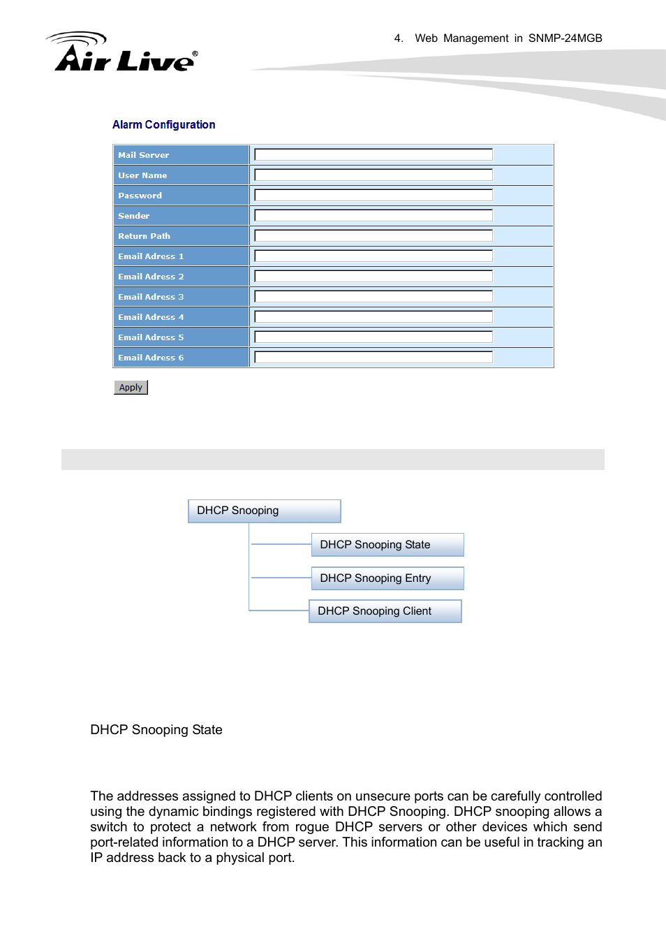 18 dhcp snooping, 1 dhcp snooping state | AirLive SNMP-24MGB User Manual | Page 179 / 325