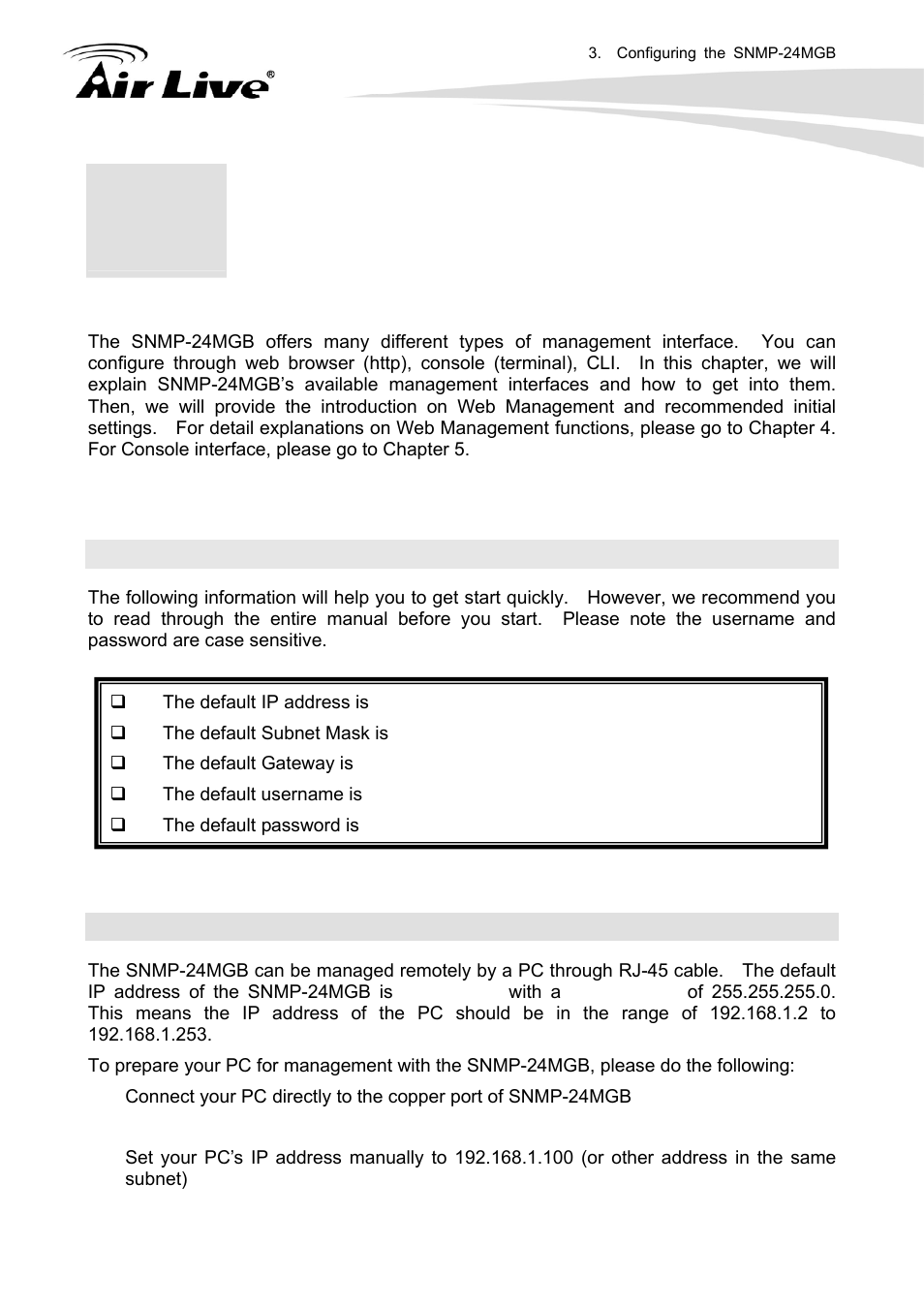 Configuring the snmp-24mgb, 1 important information, 2 prepare your pc | AirLive SNMP-24MGB User Manual | Page 18 / 325