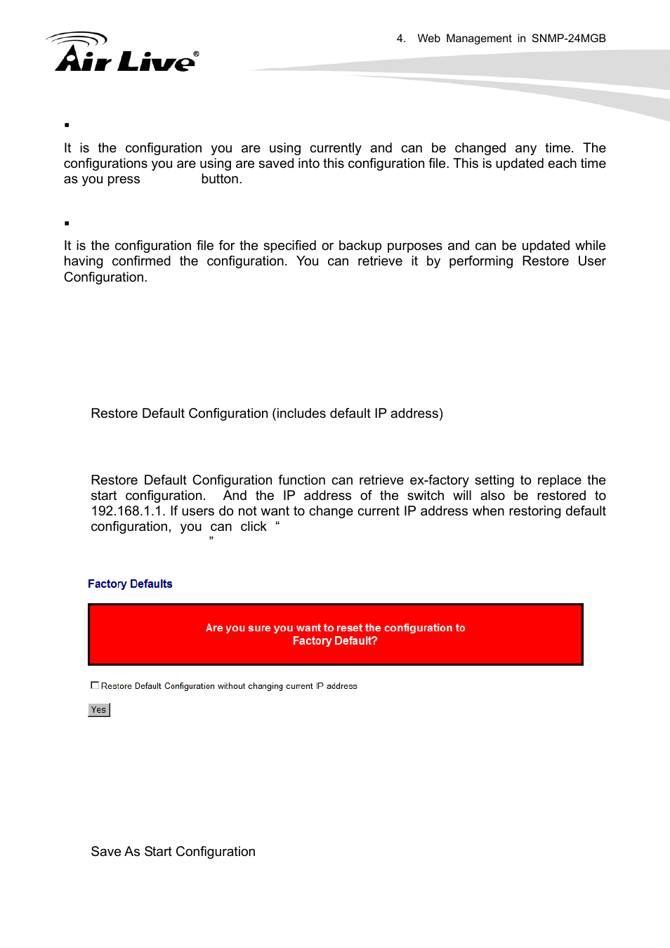 1 factory default 4.19.2 save start, 1 factory default, 2 save start | AirLive SNMP-24MGB User Manual | Page 183 / 325