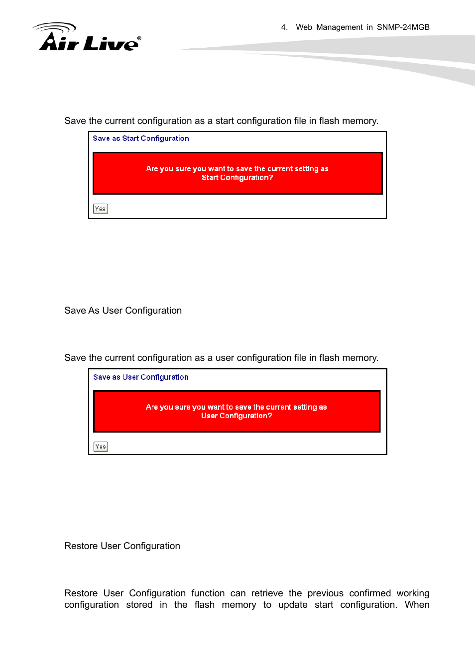 3 save user 4.19.4 restore user, 3 save user, 4 restore user | AirLive SNMP-24MGB User Manual | Page 184 / 325