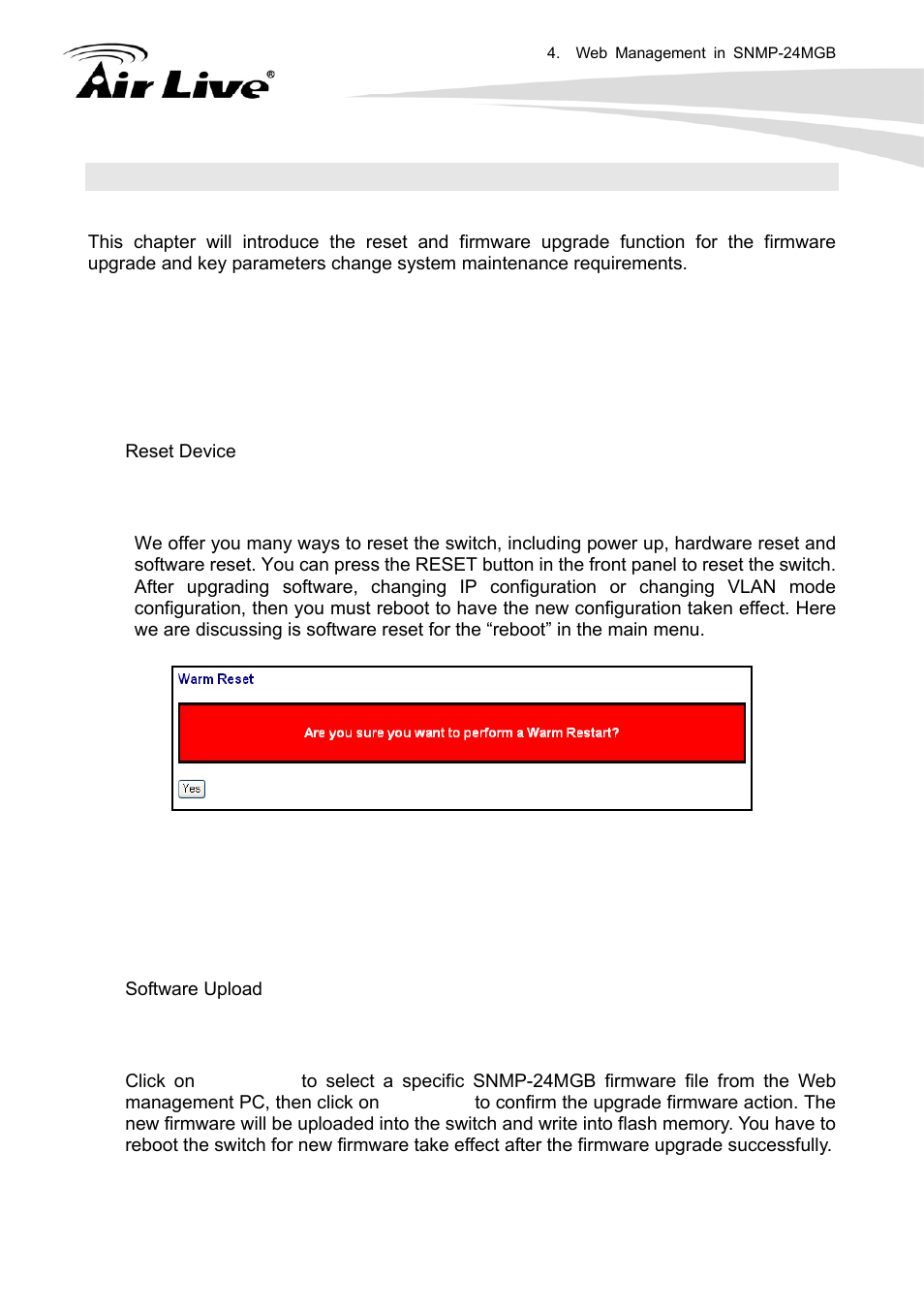 22 maintenance, 1 reset device 4.22.2 software upload, 1 reset device | 2 software upload | AirLive SNMP-24MGB User Manual | Page 188 / 325