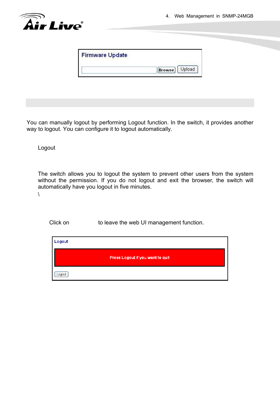 23 logout | AirLive SNMP-24MGB User Manual | Page 189 / 325