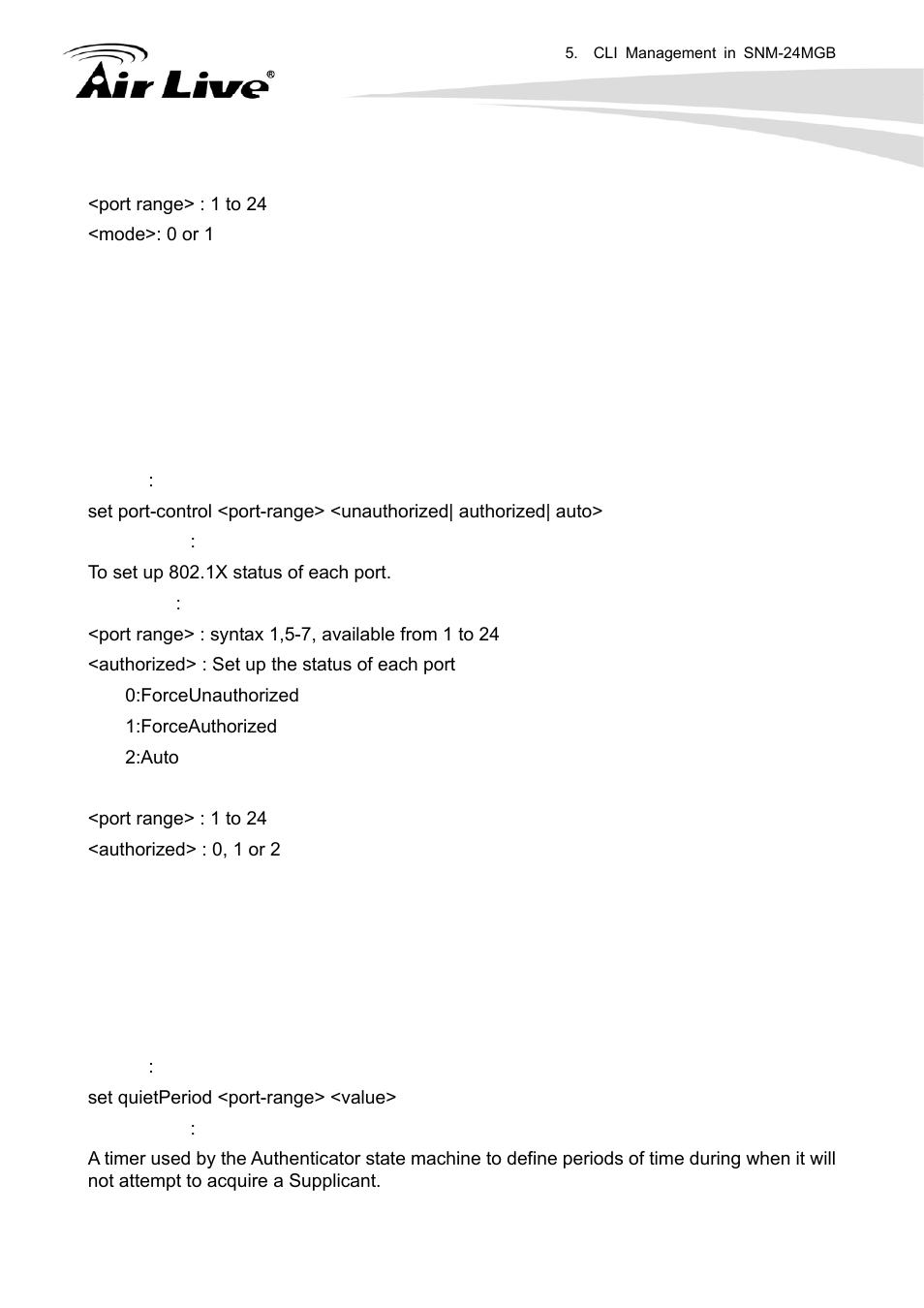 Set port-control, Set quietperiod | AirLive SNMP-24MGB User Manual | Page 201 / 325