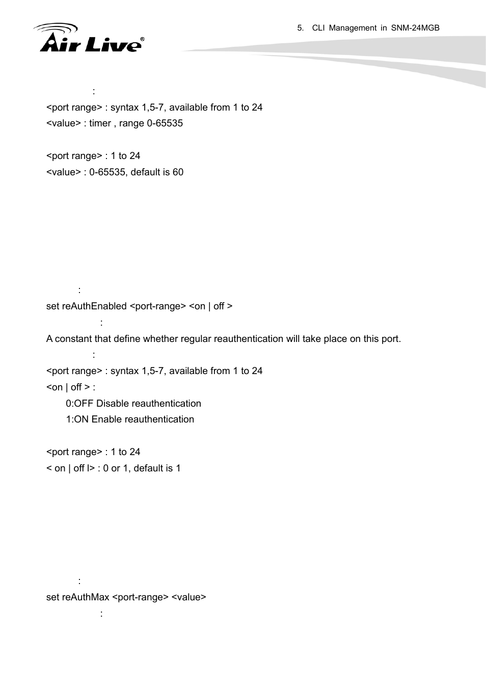 Set reauthenabled, Set reauthmax | AirLive SNMP-24MGB User Manual | Page 202 / 325