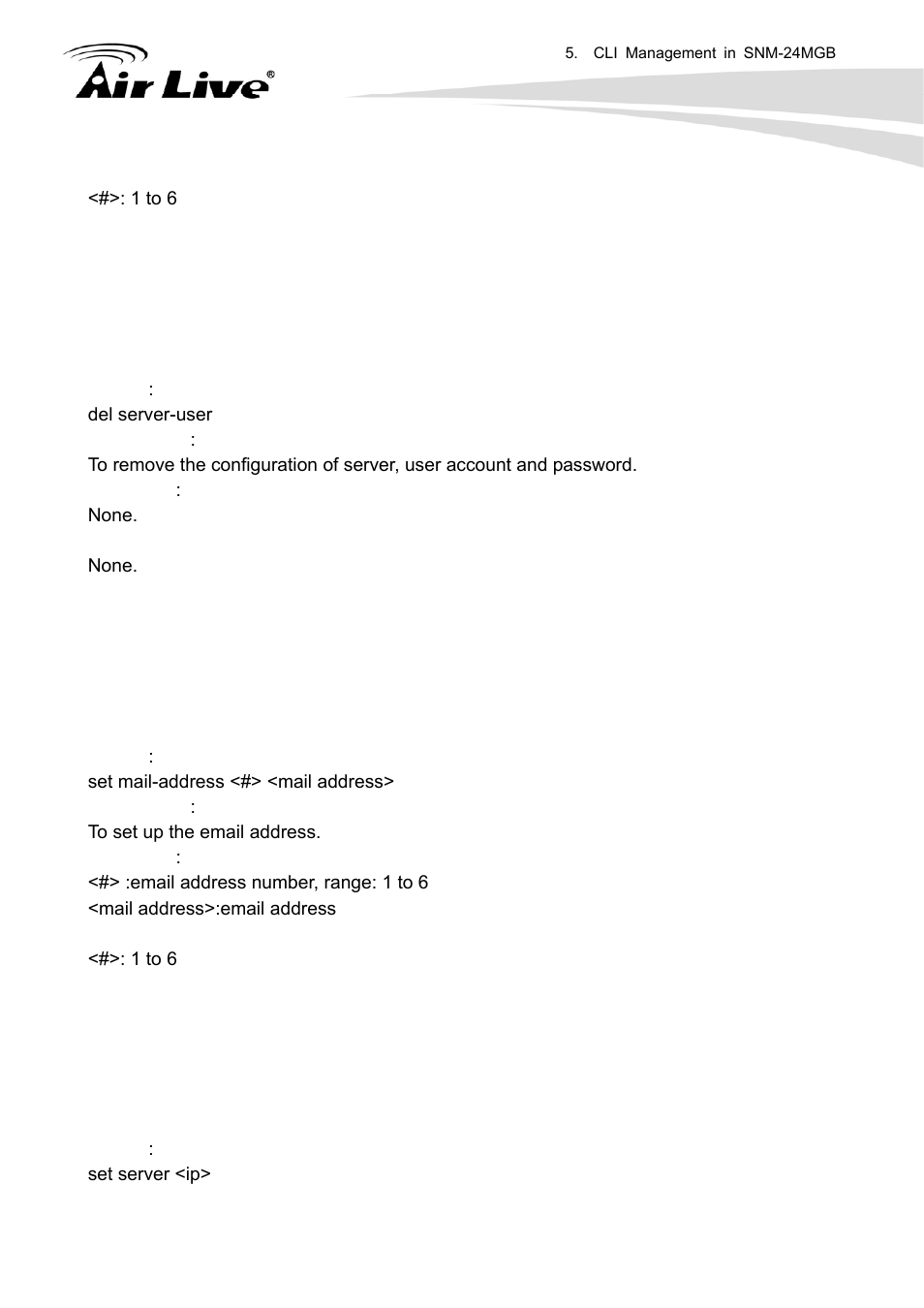 Del server-user, Set mail-address, Set server | AirLive SNMP-24MGB User Manual | Page 217 / 325