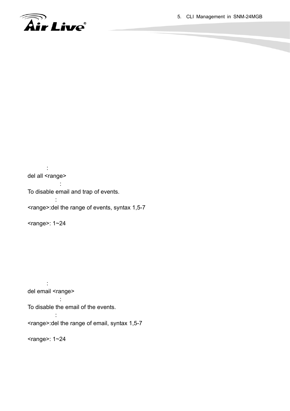 Events, Del all, Del email | AirLive SNMP-24MGB User Manual | Page 219 / 325