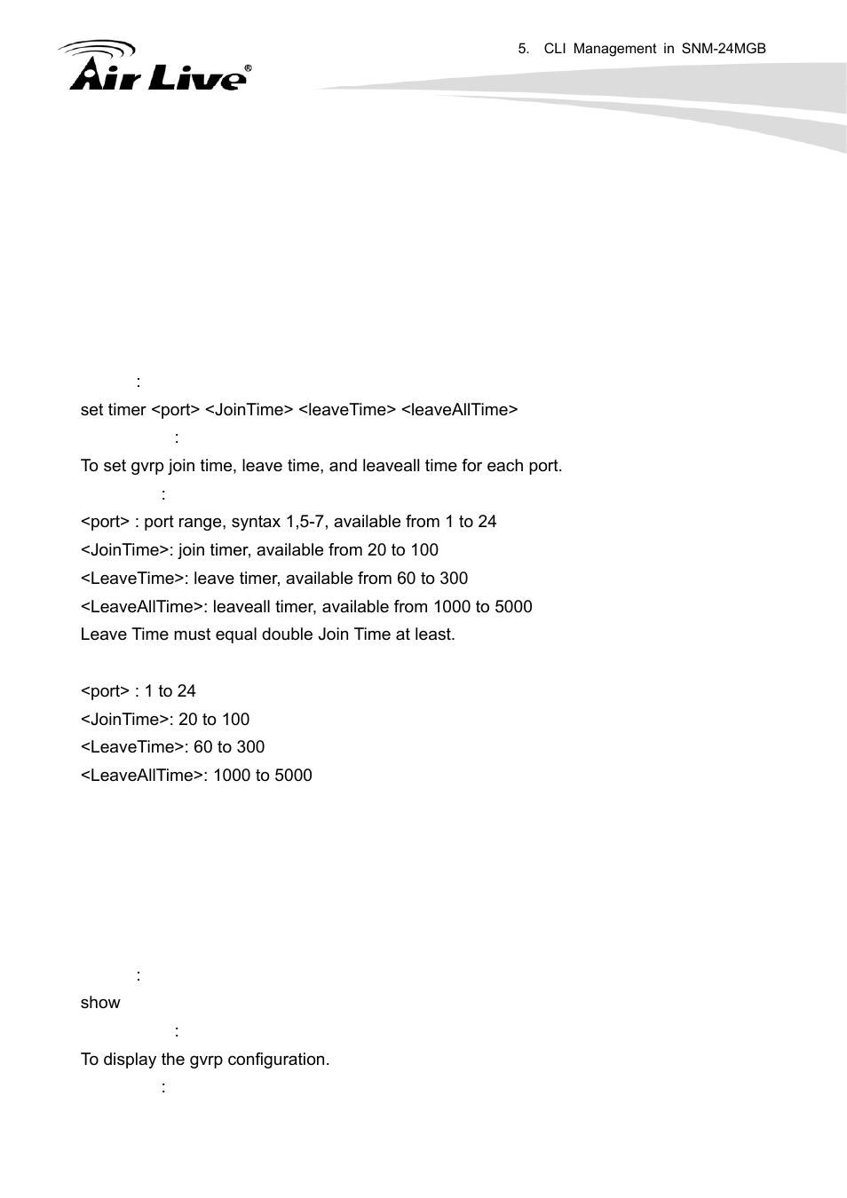 Set timer, Show | AirLive SNMP-24MGB User Manual | Page 229 / 325