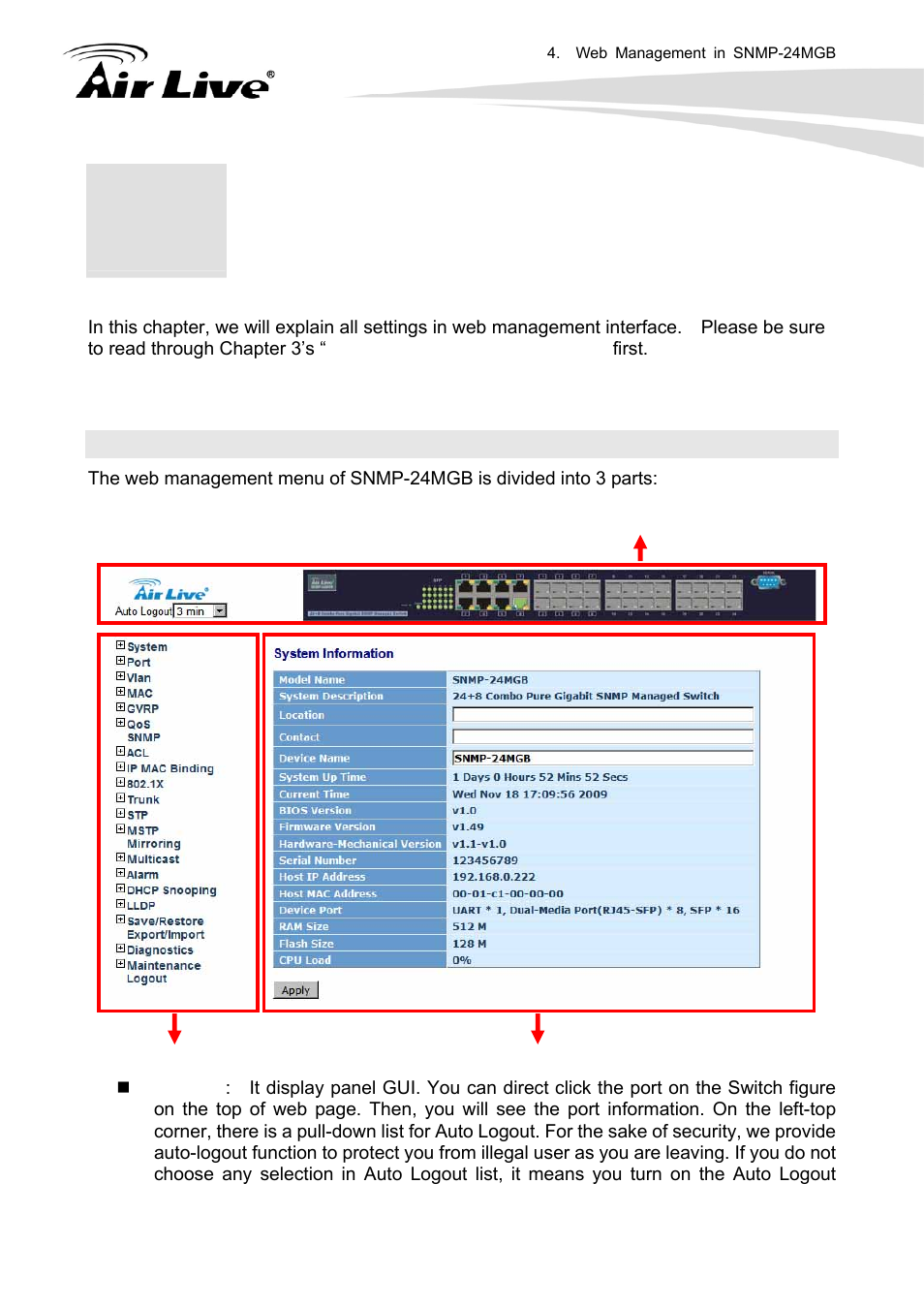 Web management in snmp-24mgb, 1 menu structure of snmp-24mgb | AirLive SNMP-24MGB User Manual | Page 24 / 325