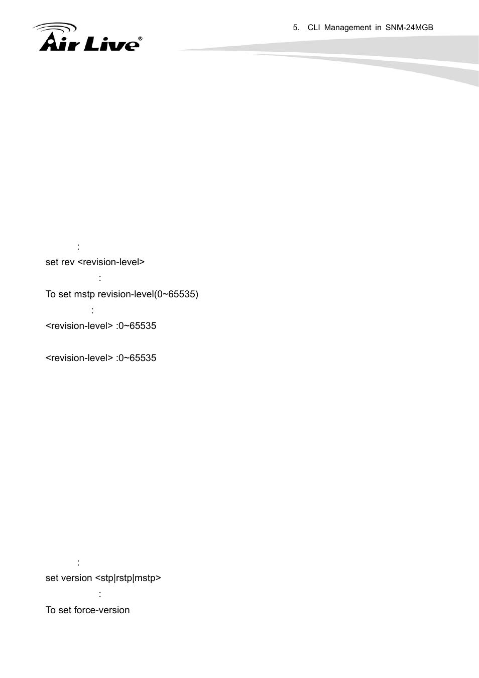 Set revision-level, Set version | AirLive SNMP-24MGB User Manual | Page 264 / 325