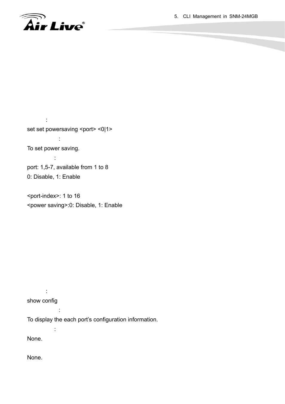 Set powersaving, Show config | AirLive SNMP-24MGB User Manual | Page 276 / 325