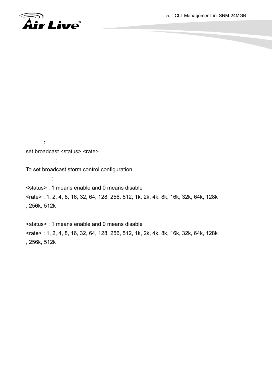 Storm, Set broadcast, Set multicast | AirLive SNMP-24MGB User Manual | Page 288 / 325